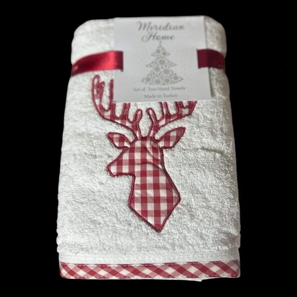 Meridian Home Christmas Reindeer Embroidered Red Checkers Hand Towel  New